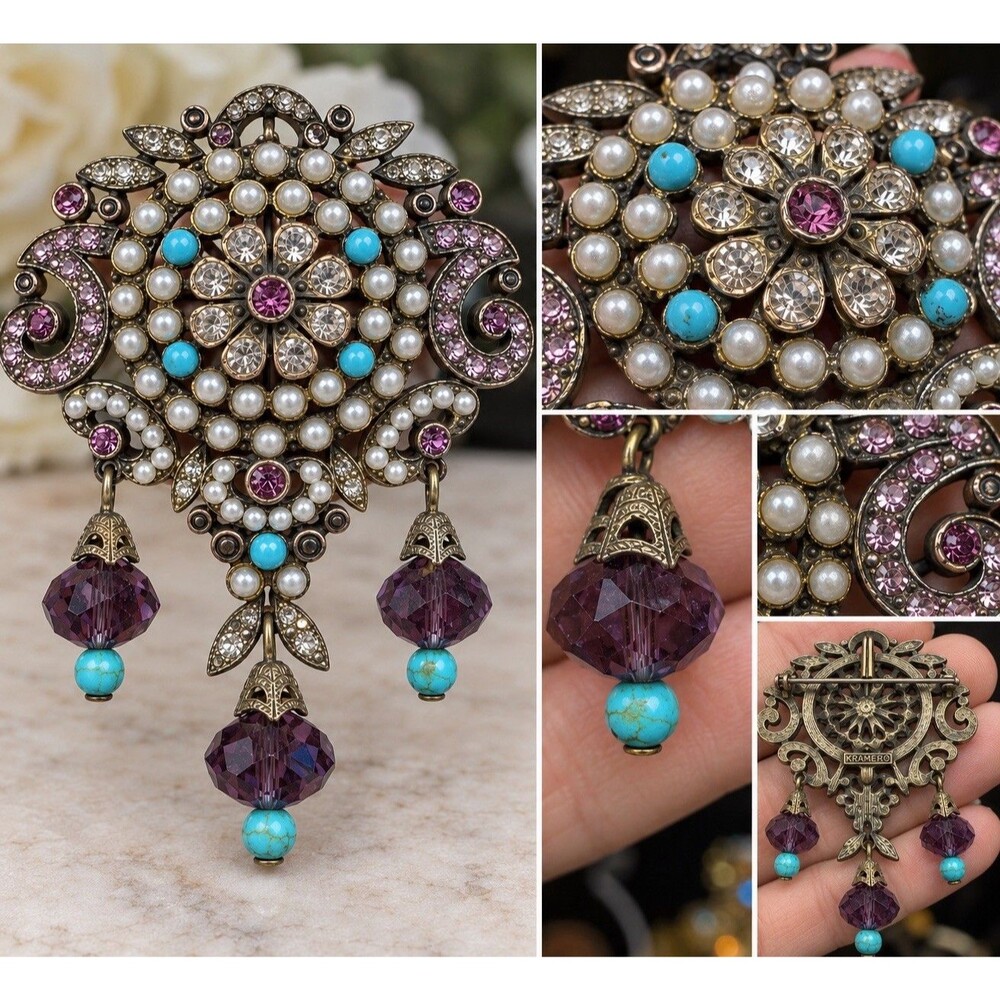 Vintage KRAMER Brooch Pendant Purple Rhinestone Pearl Turquoise Dangle Pin